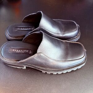 Y2k KENNETH COLE WOMENS BLACK LEATHER SLIP ON CLOGS SIZE 9 GRUNGE CHUNKY GOTH